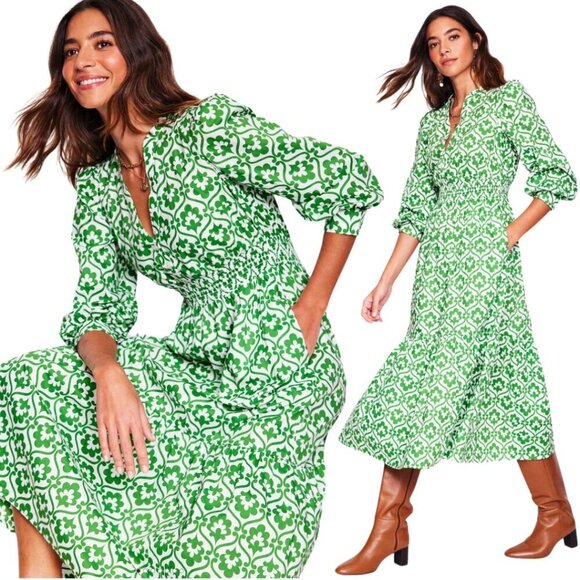 Boden Elena Cotton Tiered Midi Dress Womens 16-18 Paradise Green Ivy Trellis NWT - Picture 2 of 16